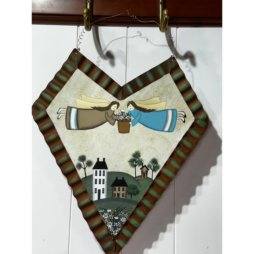Primitive Folk Art Heart Metal Wall Hanging Angels Saltbox House Country Decor